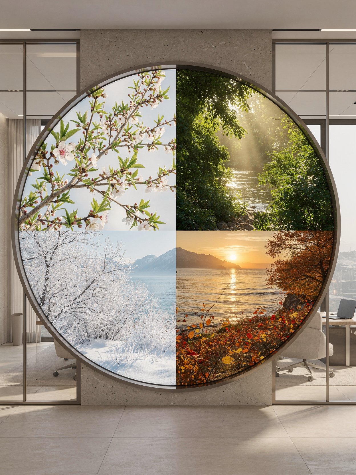 Four seasons in one circle: spring blossom, summer river, autumn leaves, winter frost. The visual heart of the Seasonal Leader framework